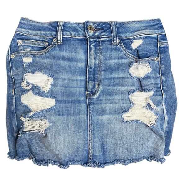 American Eagle Jean Mini Skirt Womens 8 Blue Stretch Distressed Festival Denim - Picture 1 of 6